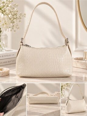 Ivory Croc Embossed Y2K Baguette Shoulder Bag